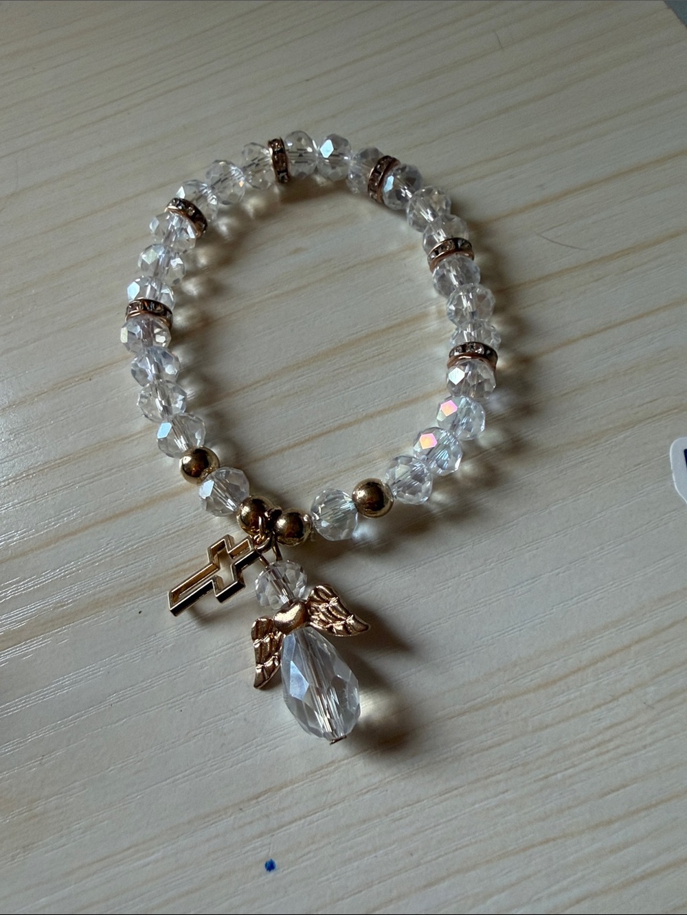 Crystal Bead Angel Charm Bracelet - Clear and Gold